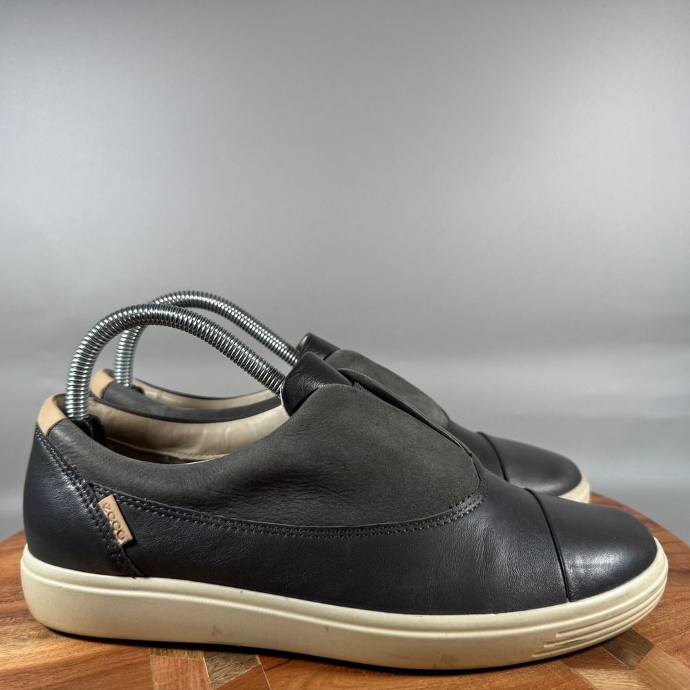 ECCO Soft 7 Cap Toe Slip On‎ Black Leather Grey Suede Sneakers Womens 8 39